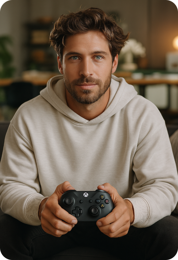 Avatar de Produto IA Segurando um Videogame
